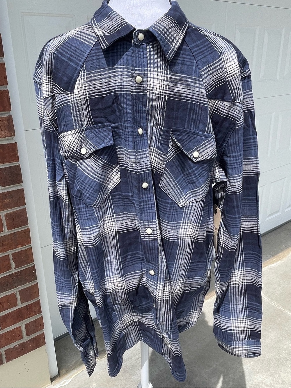 Frye And Co Men’s Plaid Long Sleeve Pearl Snap Button Up Blue Black Top Large
